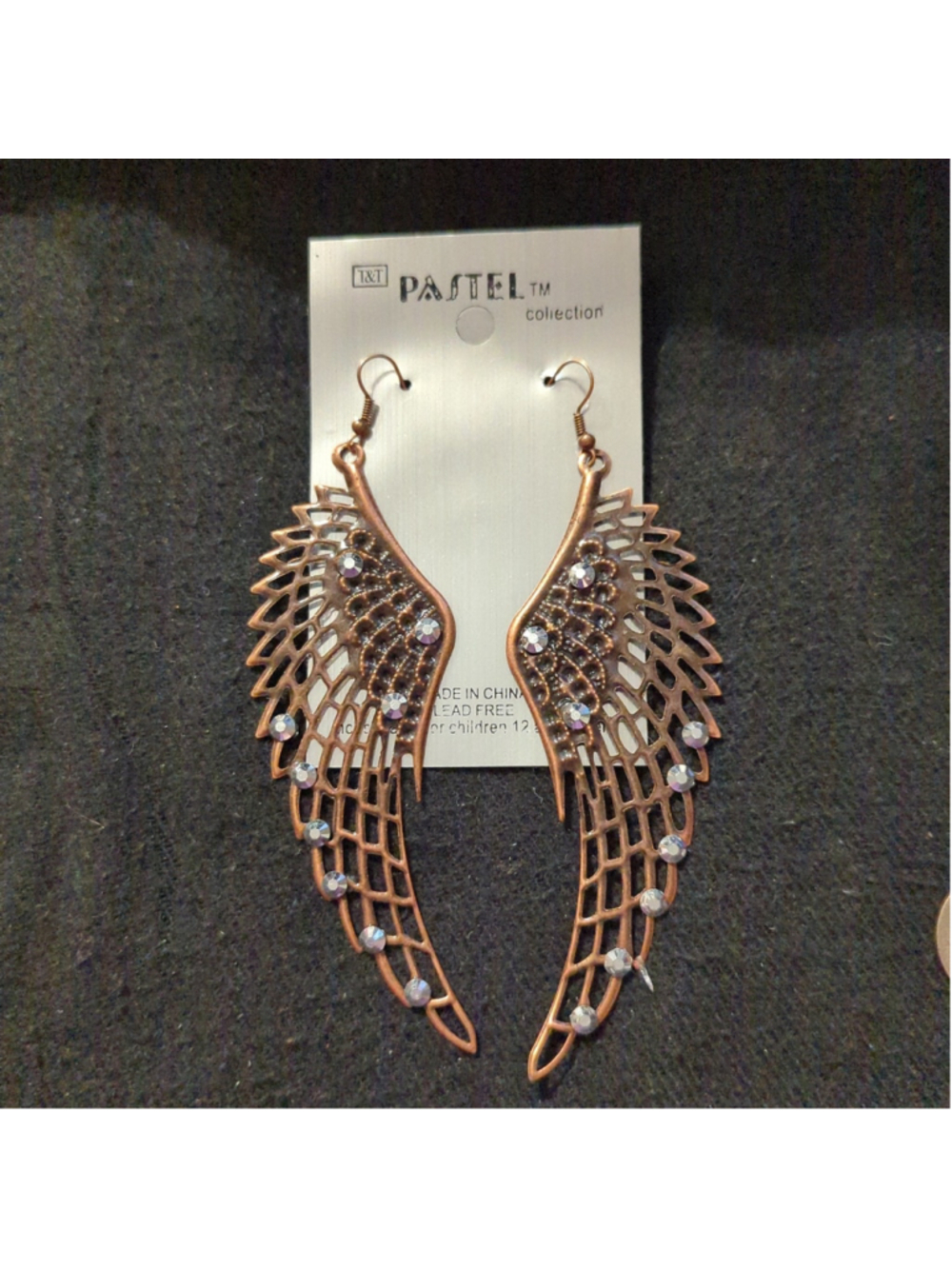 Pastel Collection Copper Tone Silver Rhinestone Angel Wing Statement Earrings